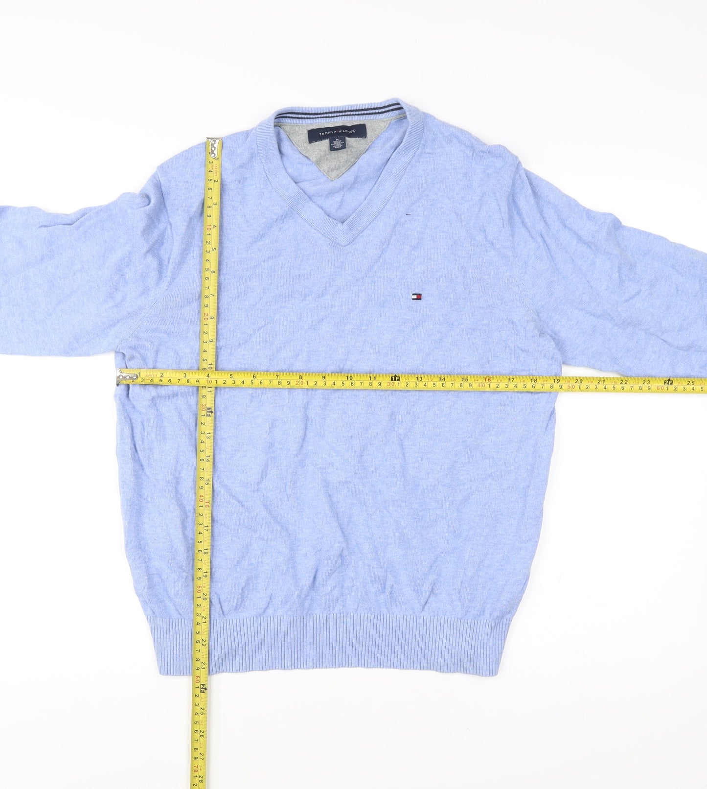 Tommy Hilfiger Men's Blue V-Neck Cotton Pullover Jumper M