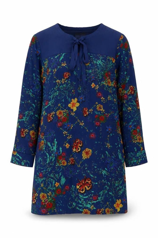 Lavand Womens Blue Floral Shift Dress XL Long Sleeve Boho Casual