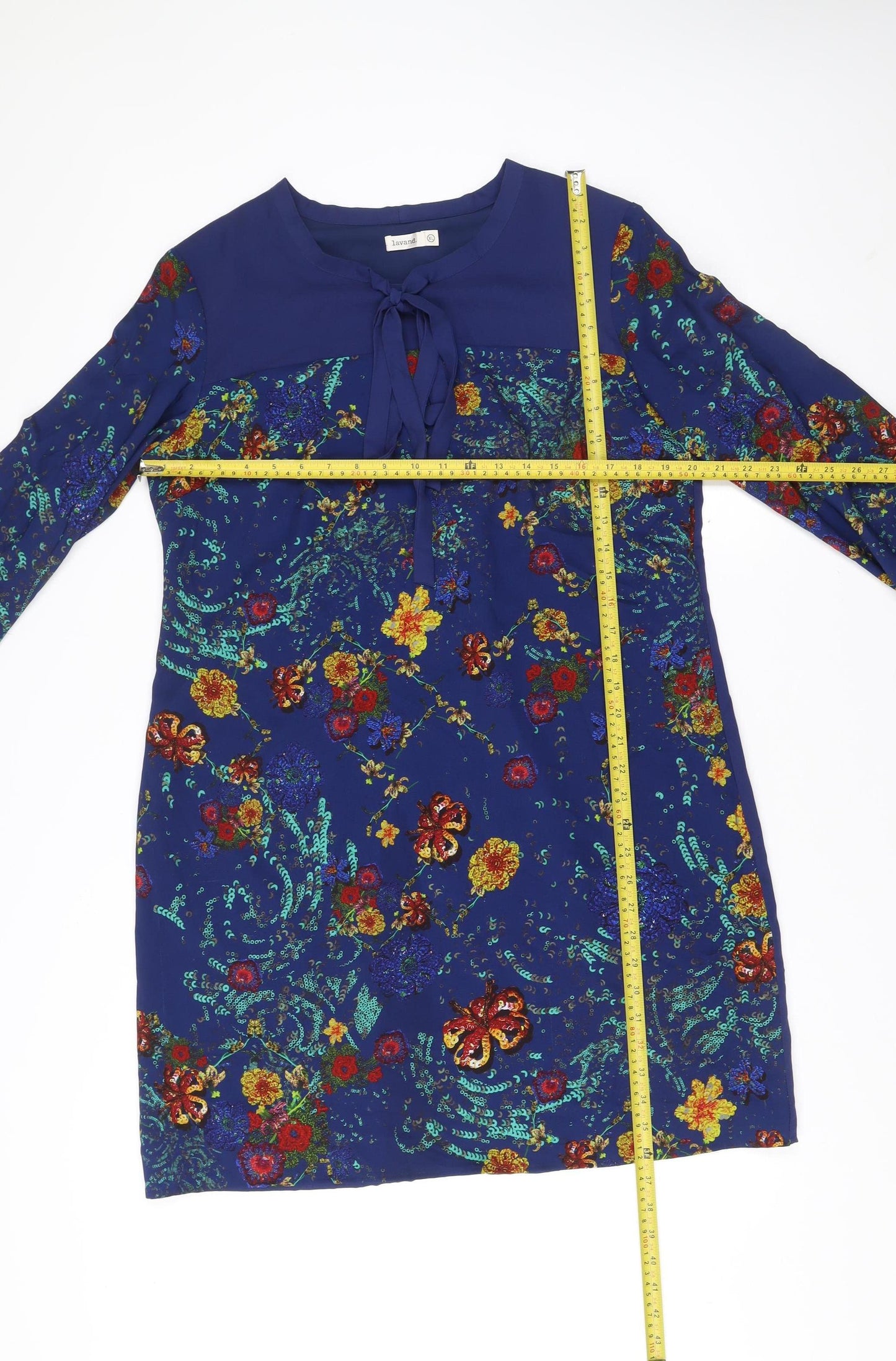 Lavand Womens Blue Floral Shift Dress XL Long Sleeve Boho Casual