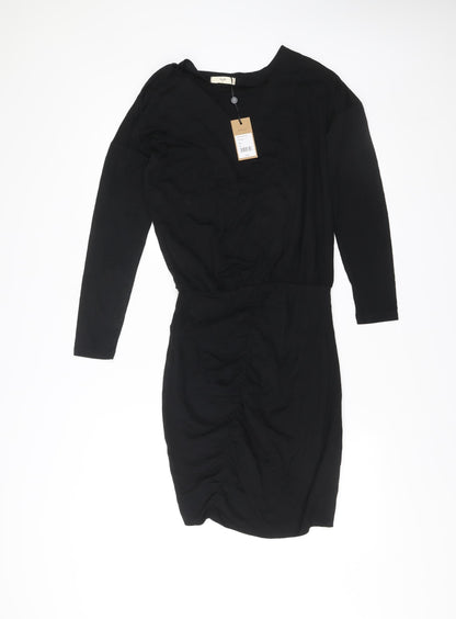 Hush Womens Black XS Bodycon Knee Length Ruched V-Neck Dress