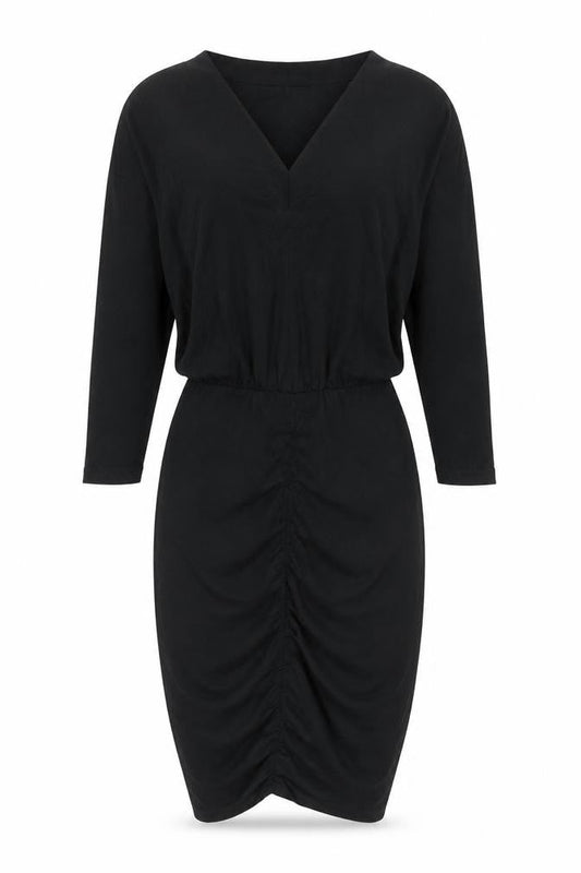 Hush Womens Black XS Bodycon Knee Length Ruched V-Neck Dress