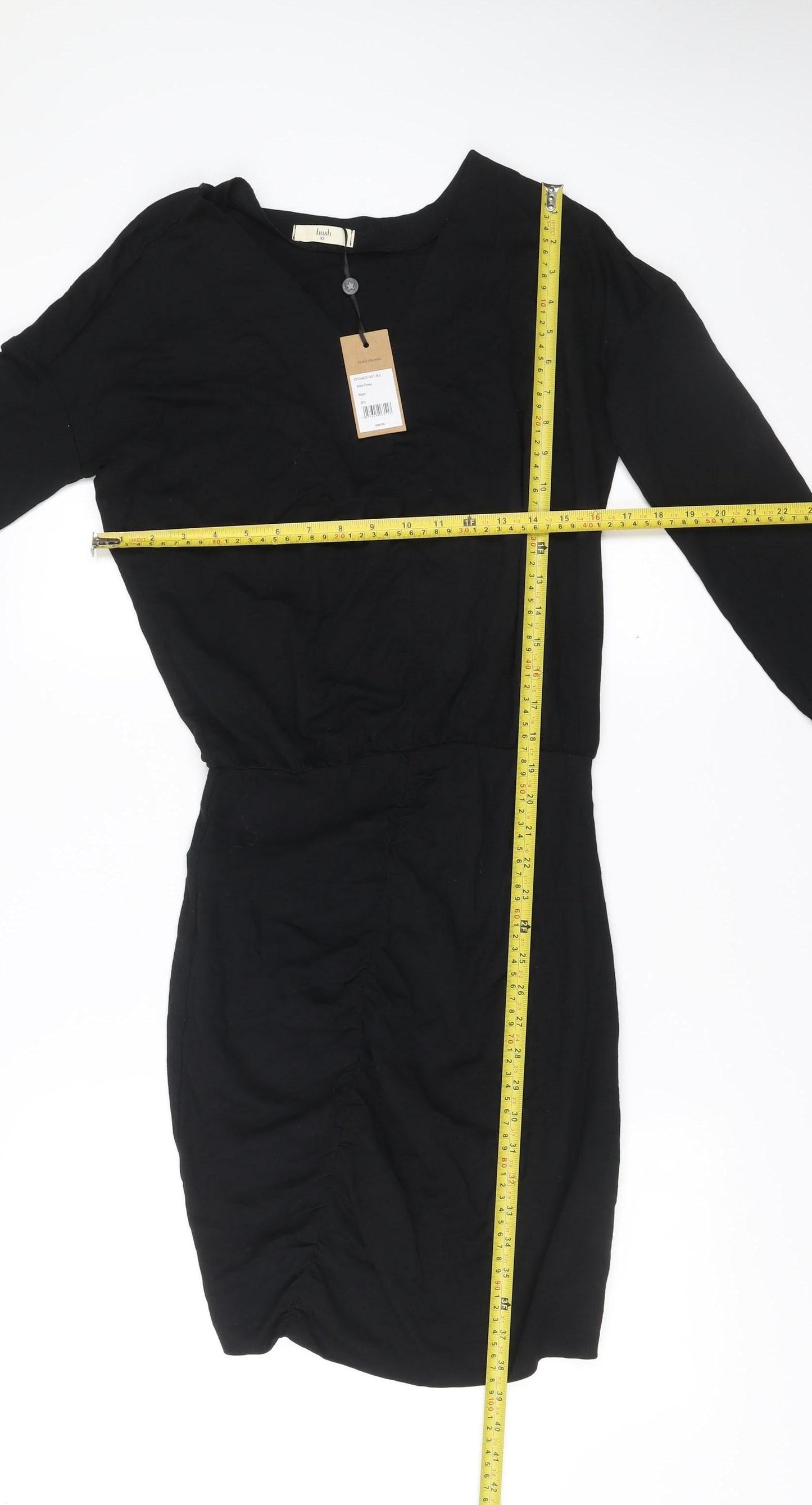 Hush Womens Black XS Bodycon Knee Length Ruched V-Neck Dress