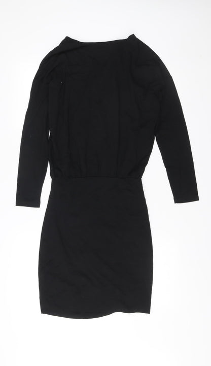 Hush Womens Black XS Bodycon Knee Length Ruched V-Neck Dress