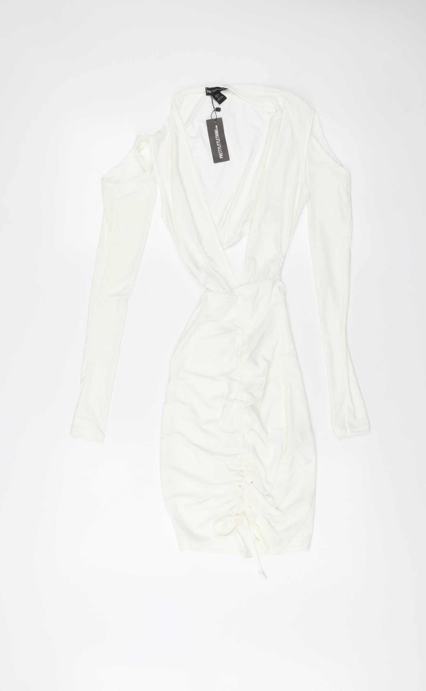 PrettyLittleThing Women White Size 6 Bodycon Mini Dress Ruched V-Neck