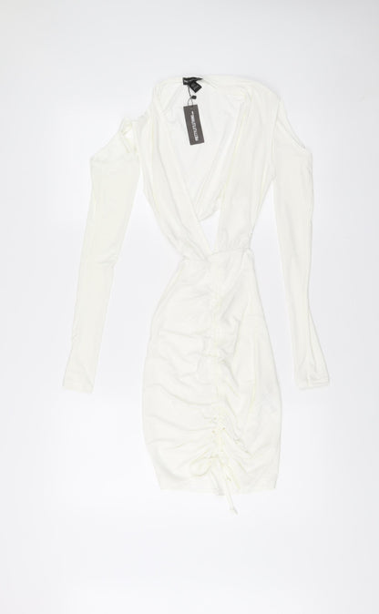 PrettyLittleThing Women White Size 6 Bodycon Mini Dress Ruched V-Neck