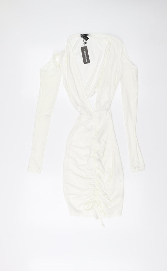 PrettyLittleThing Women White Size 6 Bodycon Mini Dress Ruched V-Neck