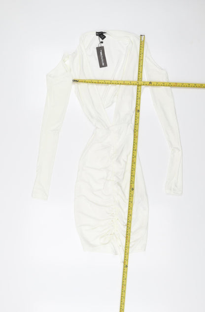 PrettyLittleThing Women White Size 6 Bodycon Mini Dress Ruched V-Neck