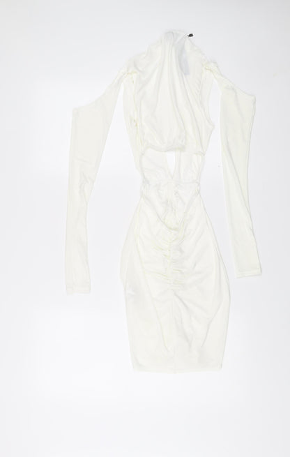 PrettyLittleThing Women White Size 6 Bodycon Mini Dress Ruched V-Neck