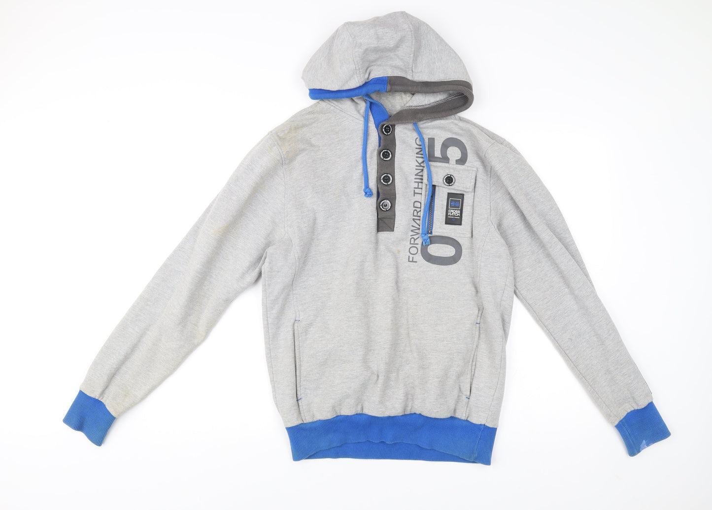 Crosshatch Men’s Grey Henley Hoodie L Long Sleeve Logo Casual