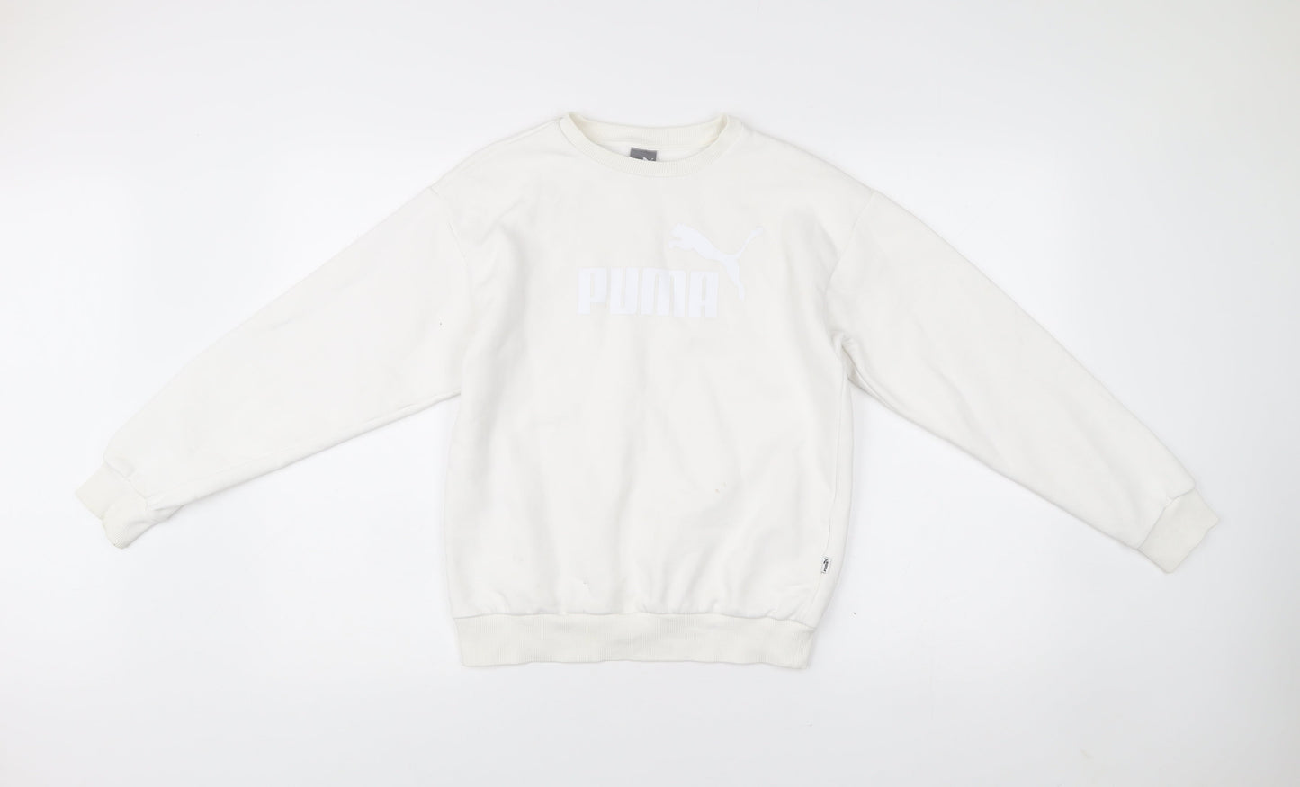 Puma Womens White XS Pullover Sweatshirt Crew Neck Logo Cotton Blend
