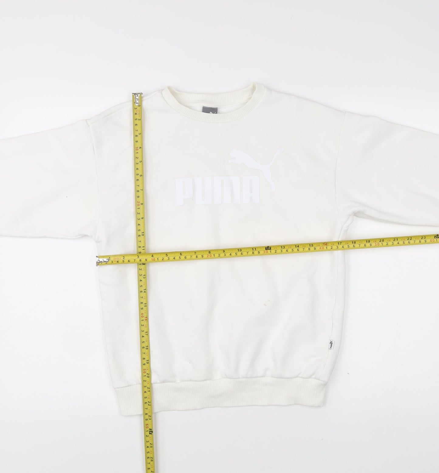 Puma Womens White XS Pullover Sweatshirt Crew Neck Logo Cotton Blend