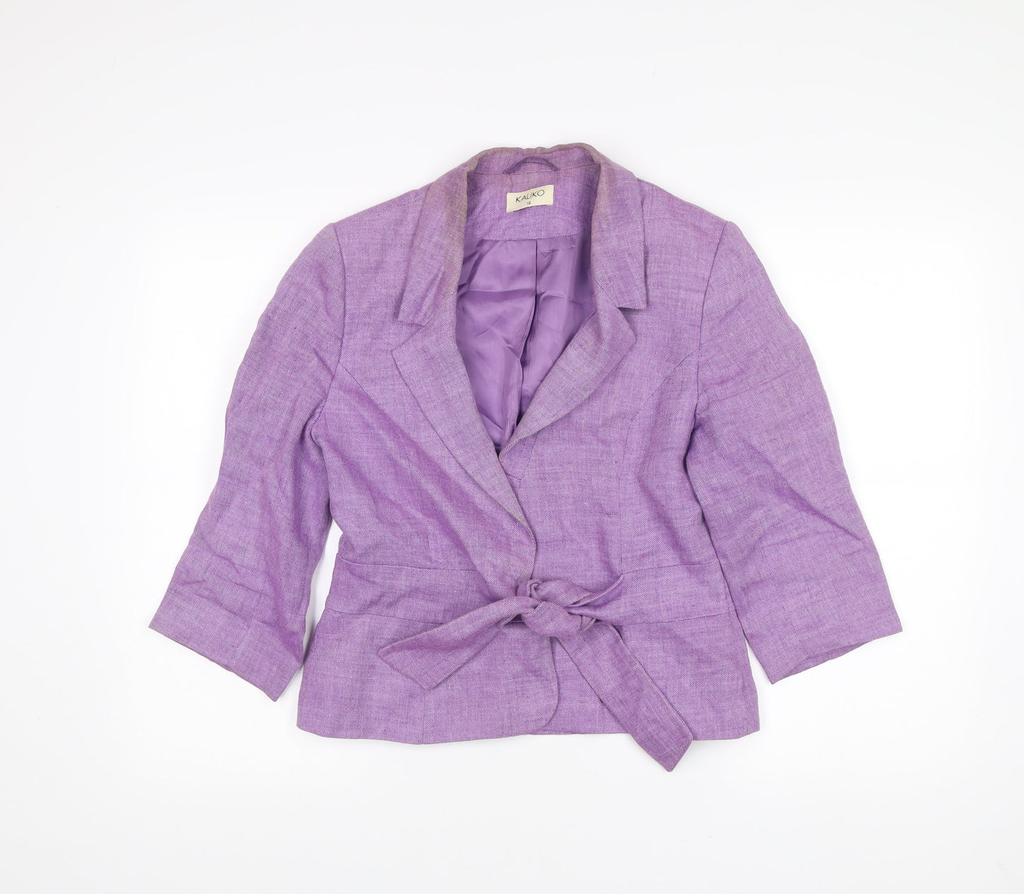 Kaliko Womens Purple Linen Belted Blazer Size 12 Classic 3/4 Sleeve