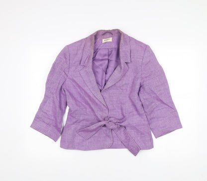 Kaliko Womens Purple Linen Belted Blazer Size 12 Classic 3/4 Sleeve