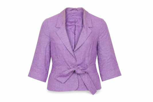 Kaliko Womens Purple Linen Belted Blazer Size 12 Classic 3/4 Sleeve