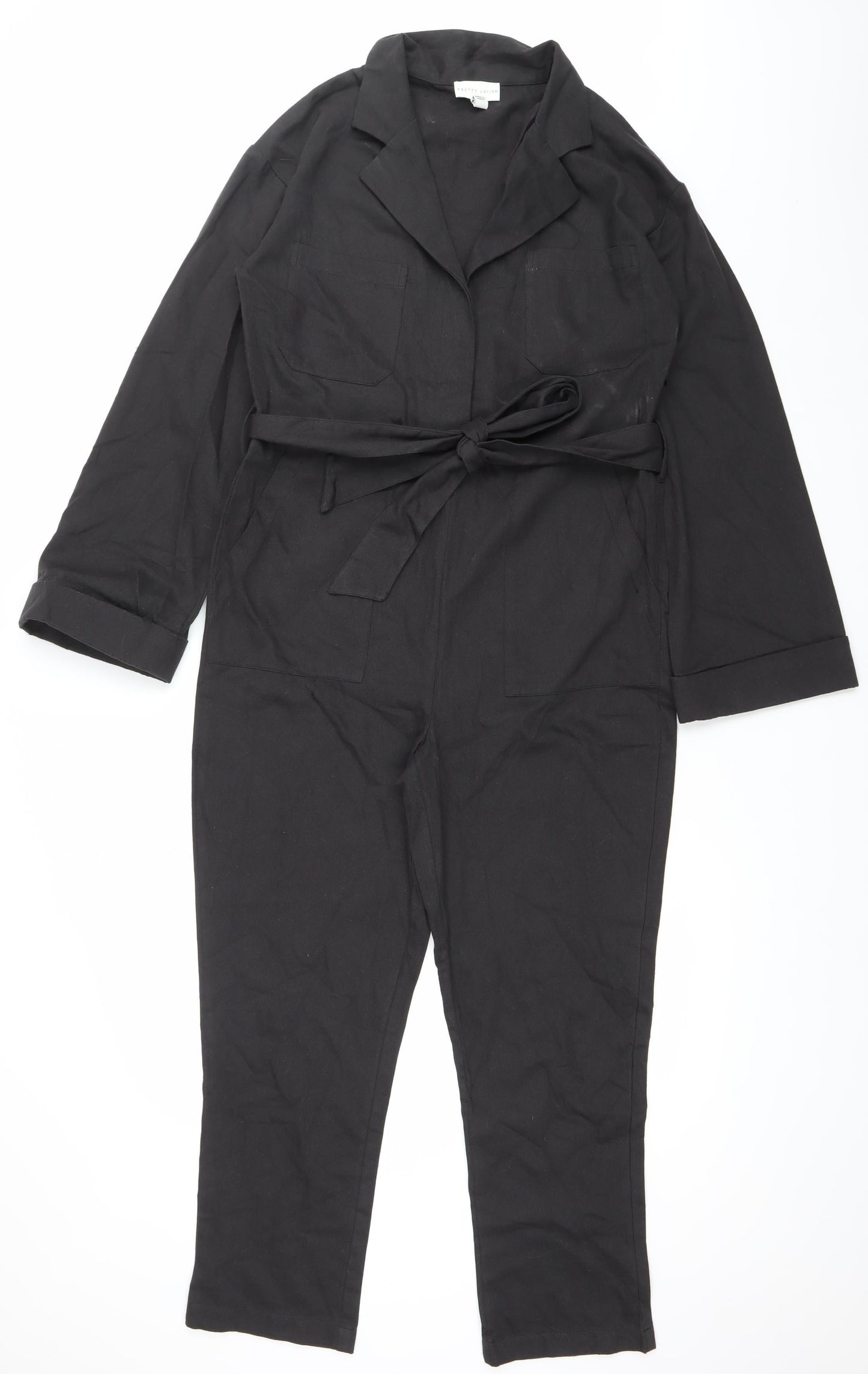 Pretty Lavish Women’s Black Cotton Long Sleeve Belted Jumpsuit Size 8