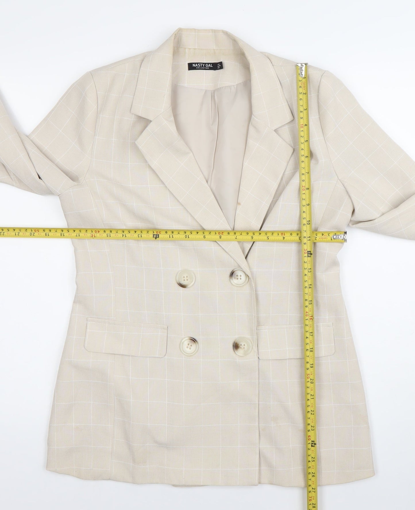 Nasty Gal Womens Beige Check Double Breasted Blazer Jacket Size 12