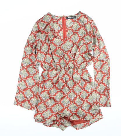 Fashion Union Women’s Red Paisley Long Sleeve V-Neck Playsuit Size 8