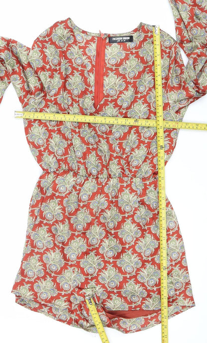 Fashion Union Women’s Red Paisley Long Sleeve V-Neck Playsuit Size 8