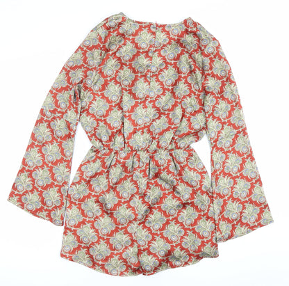 Fashion Union Women’s Red Paisley Long Sleeve V-Neck Playsuit Size 8
