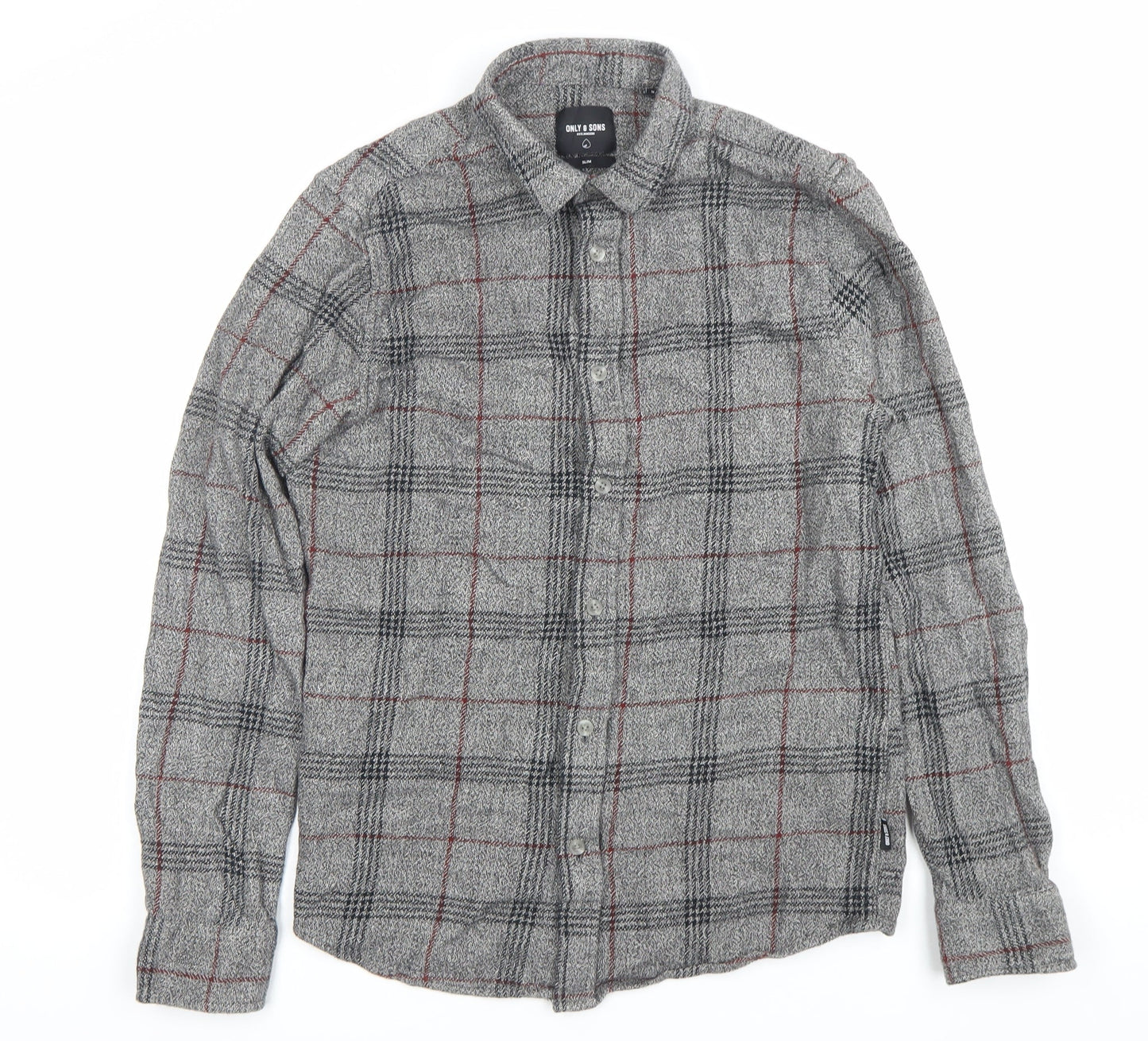 ONLY & SONS Men Grey Slim Fit Plaid Cotton Button-Up Shirt M