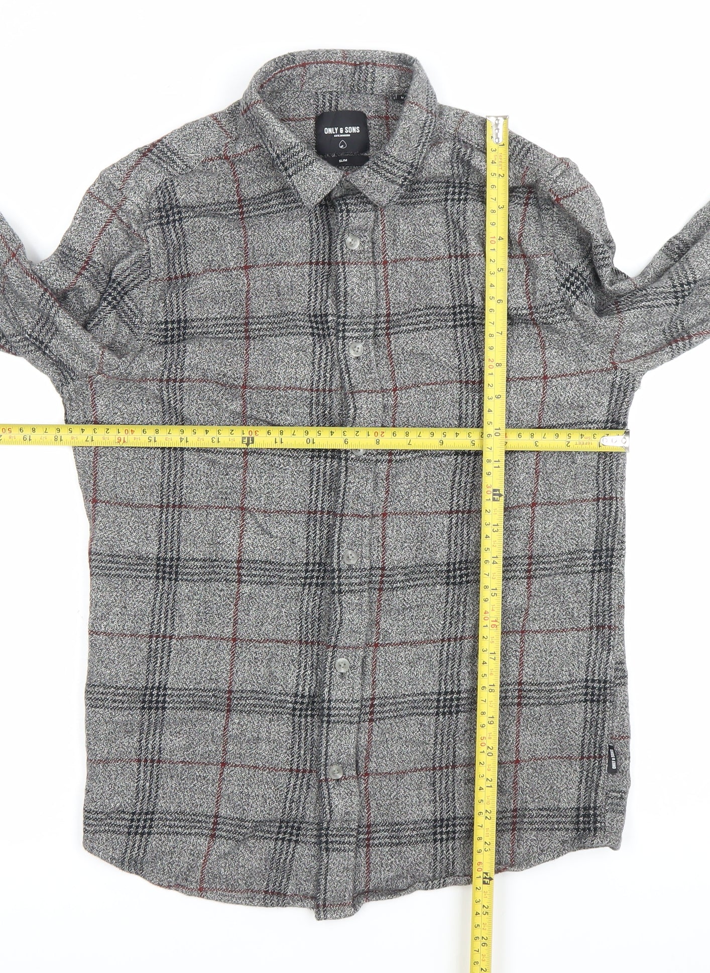 ONLY & SONS Men Grey Slim Fit Plaid Cotton Button-Up Shirt M