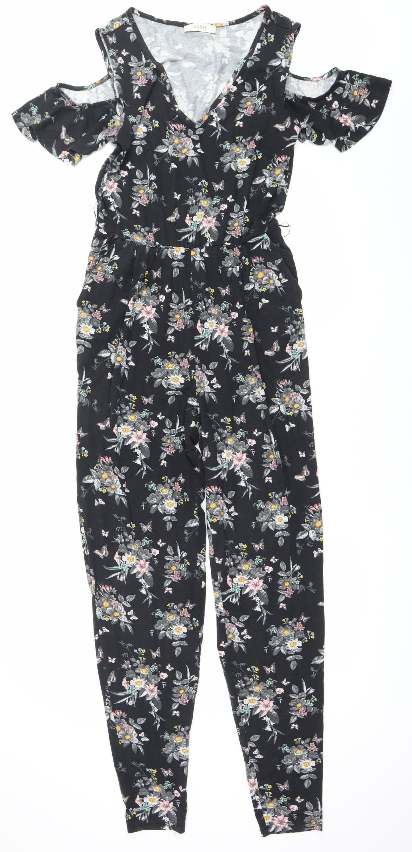 Oasis Women’s Black Floral Ruffle Cold Shoulder Jumpsuit Size S