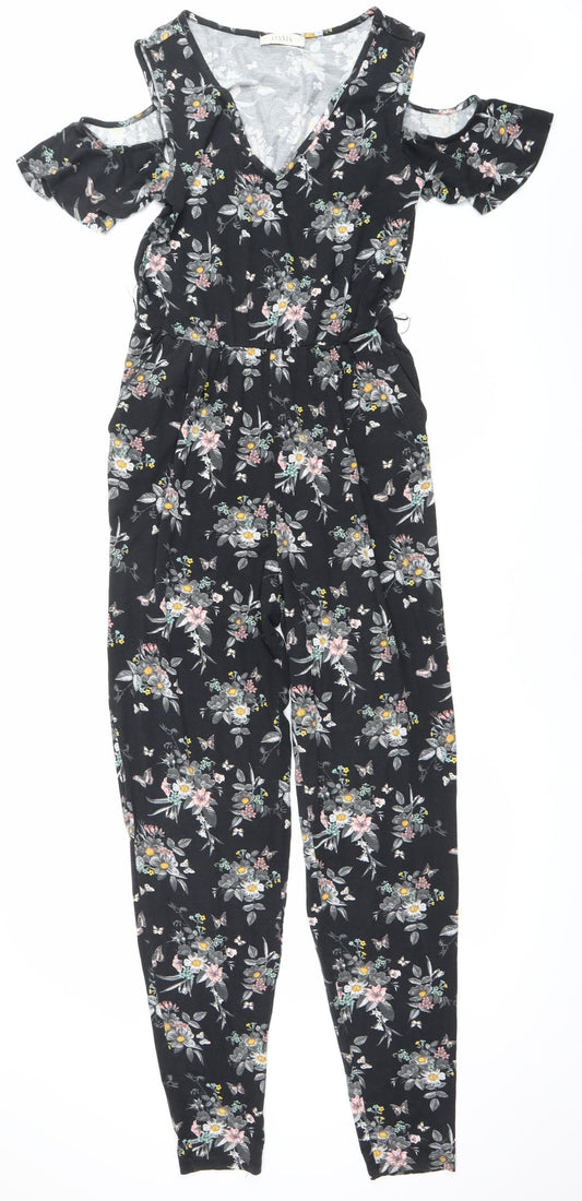 Oasis Women’s Black Floral Ruffle Cold Shoulder Jumpsuit Size S