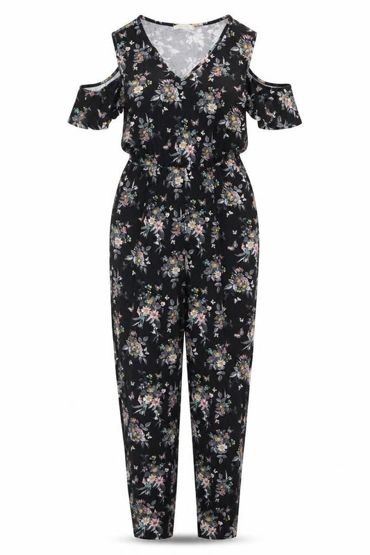 Oasis Women’s Black Floral Ruffle Cold Shoulder Jumpsuit Size S