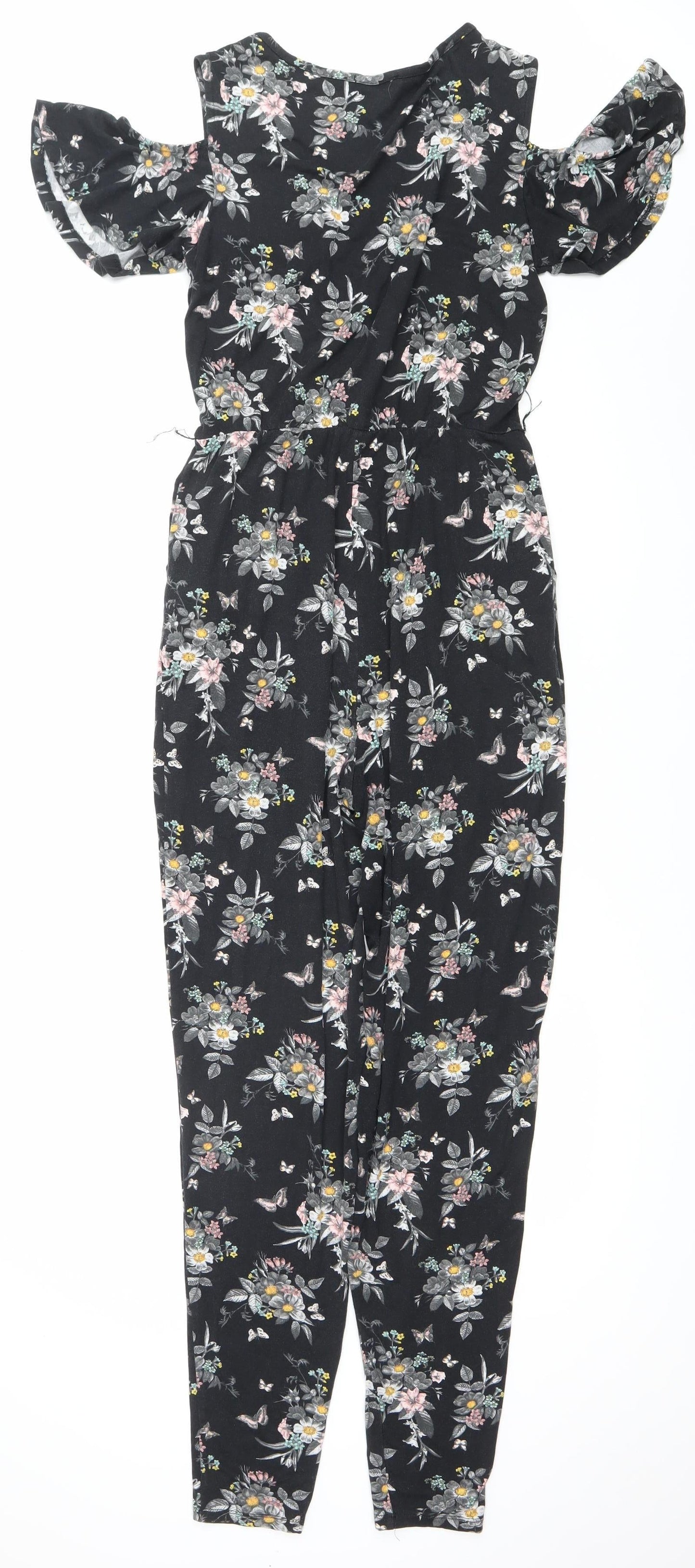 Oasis Women’s Black Floral Ruffle Cold Shoulder Jumpsuit Size S
