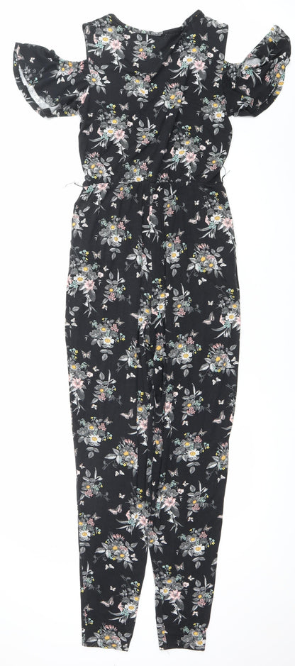 Oasis Women’s Black Floral Ruffle Cold Shoulder Jumpsuit Size S