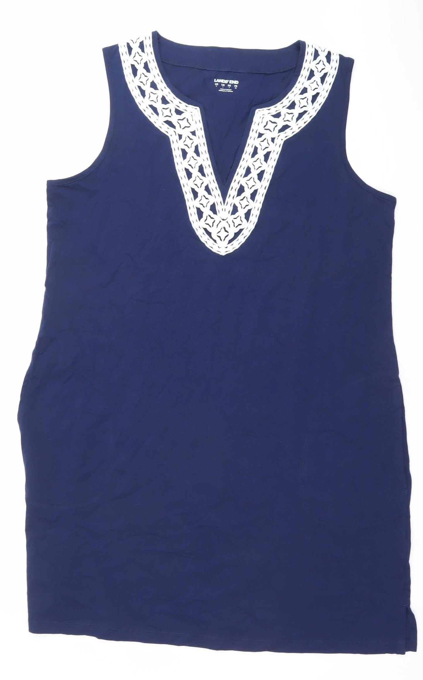 Lands' End Women’s Blue XL Cotton Tank Top with Crochet Detail