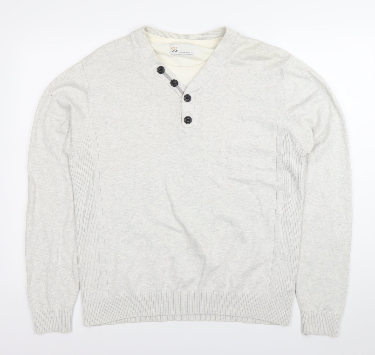 Next Mens Grey Cotton Henley Jumper Size L V-Neck Knitwear