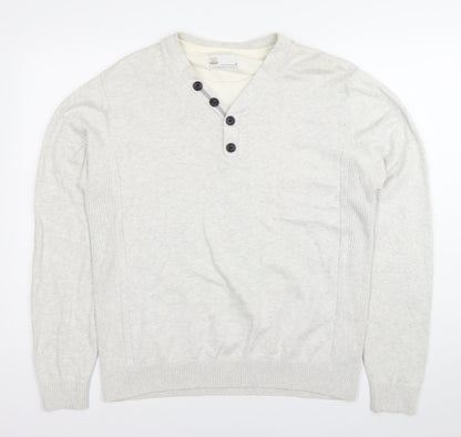 Next Mens Grey Cotton Henley Jumper Size L V-Neck Knitwear