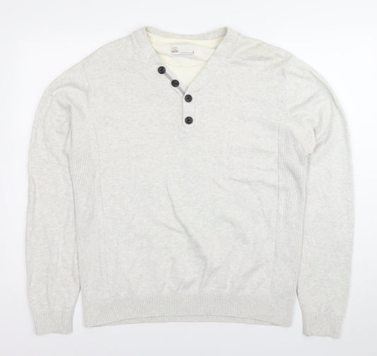 Next Mens Grey Cotton Henley Jumper Size L V-Neck Knitwear