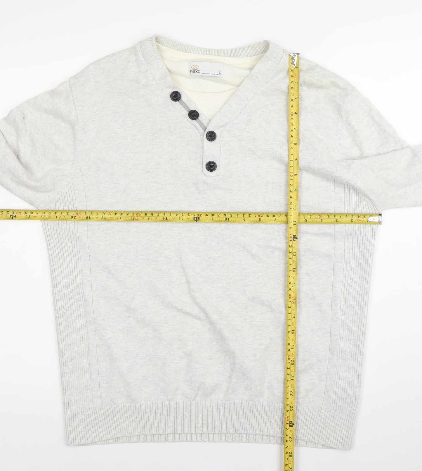 Next Mens Grey Cotton Henley Jumper Size L V-Neck Knitwear