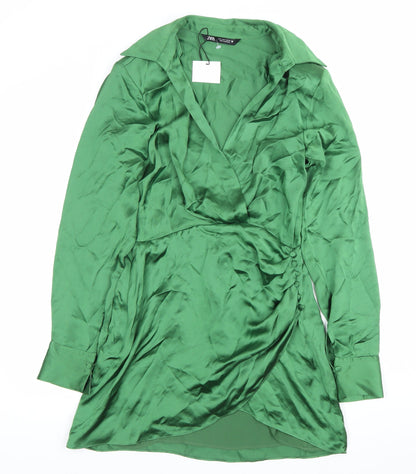 Zara Women’s Green Satin Wrap Dress Size 10 Long Sleeve Party