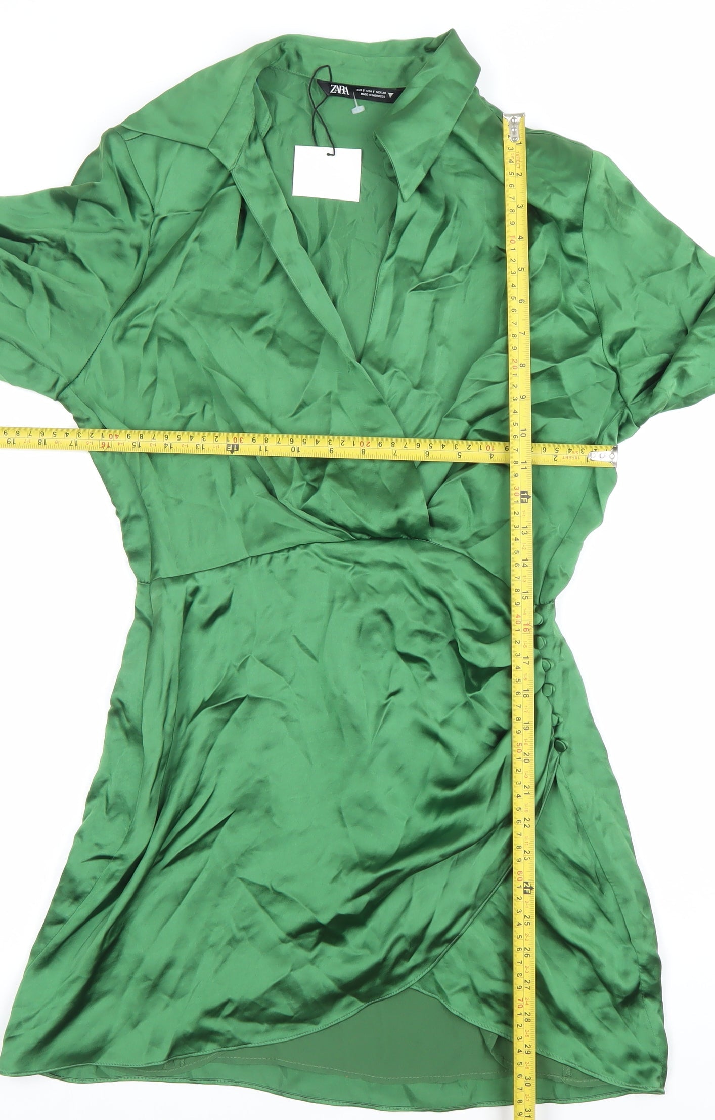 Zara Women’s Green Satin Wrap Dress Size 10 Long Sleeve Party
