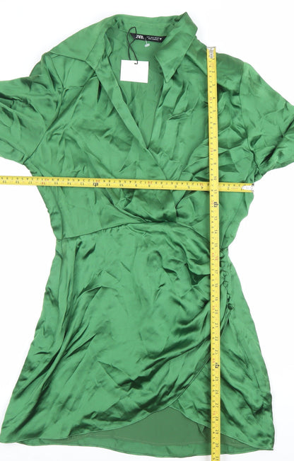 Zara Women’s Green Satin Wrap Dress Size 10 Long Sleeve Party