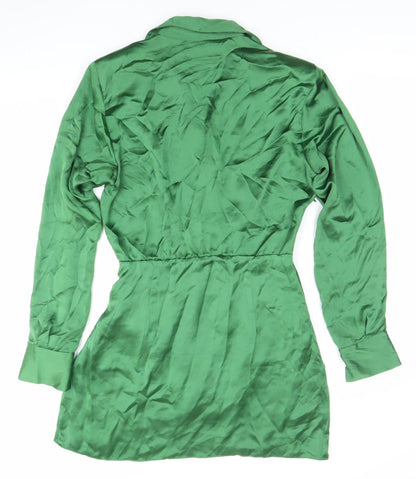 Zara Women’s Green Satin Wrap Dress Size 10 Long Sleeve Party