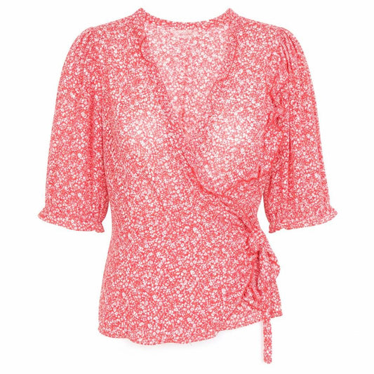 Sweewe Womens Red Floral Wrap Blouse Size M 3/4 Puff Sleeve V Neck