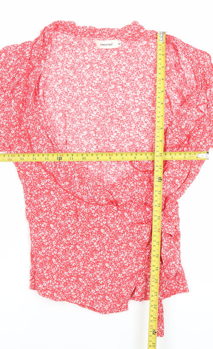 Sweewe Womens Red Floral Wrap Blouse Size M 3/4 Puff Sleeve V Neck