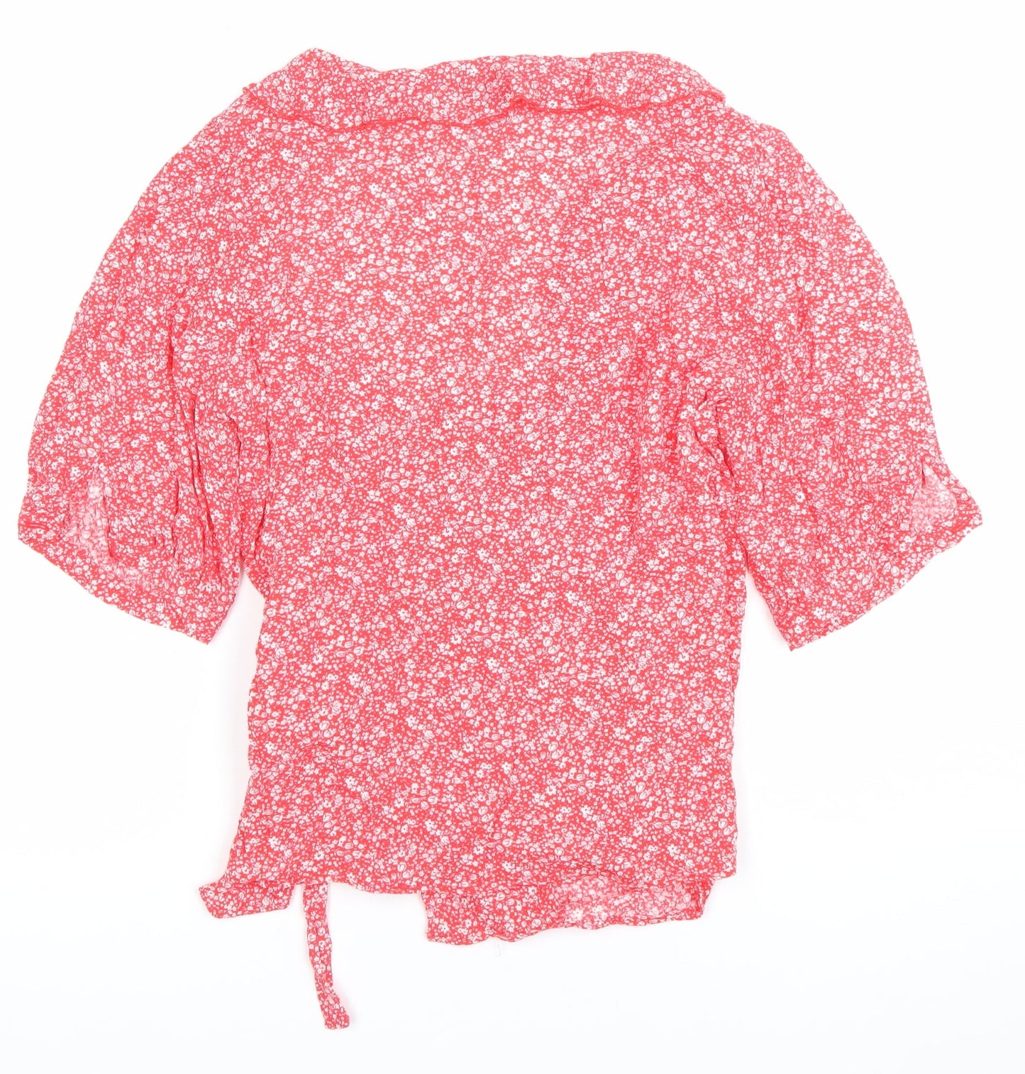 Sweewe Womens Red Floral Wrap Blouse Size M 3/4 Puff Sleeve V Neck
