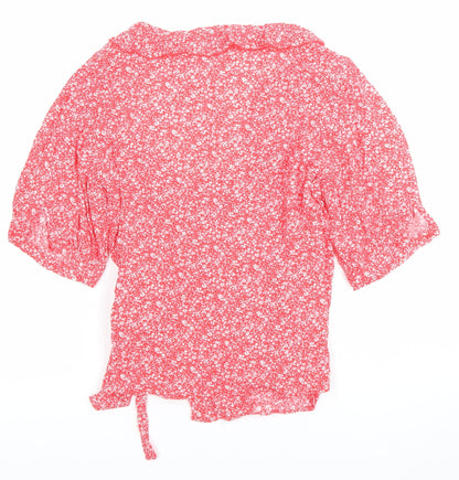Sweewe Womens Red Floral Wrap Blouse Size M 3/4 Puff Sleeve V Neck