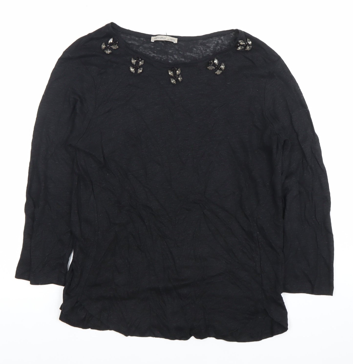 Zara Women Black Beaded Crew Neck Long Sleeve Cotton T-Shirt Size M