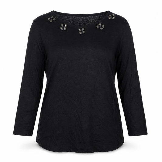 Zara Women Black Beaded Crew Neck Long Sleeve Cotton T-Shirt Size M
