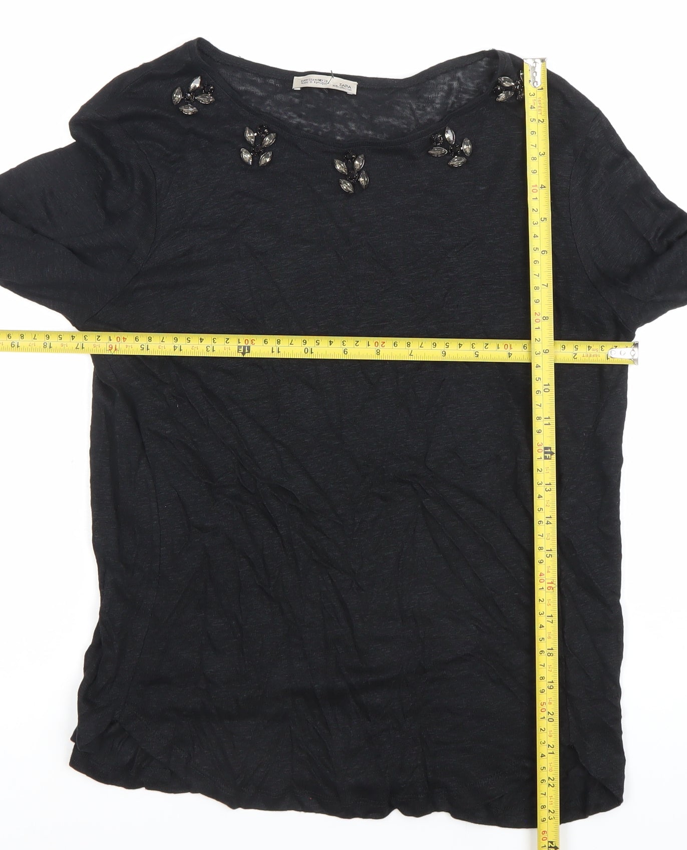 Zara Women Black Beaded Crew Neck Long Sleeve Cotton T-Shirt Size M