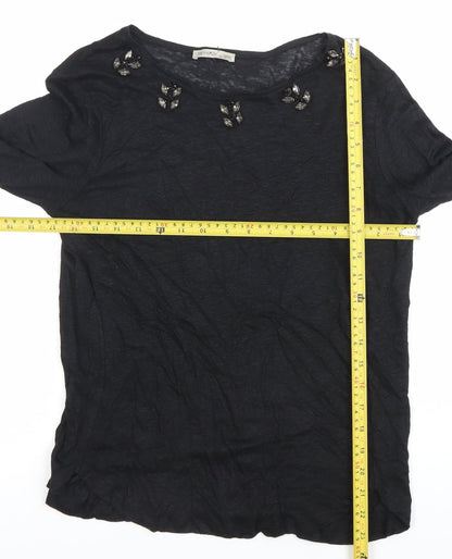 Zara Women Black Beaded Crew Neck Long Sleeve Cotton T-Shirt Size M