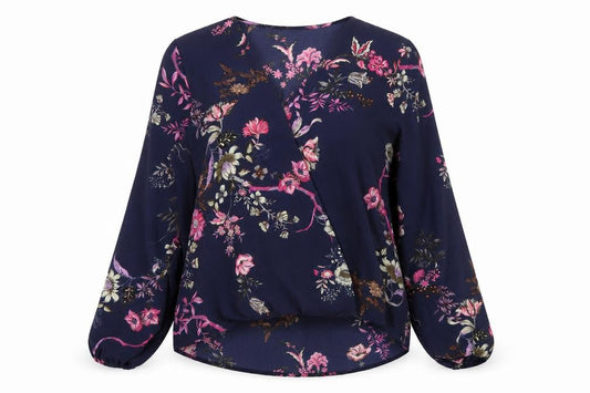 AX Paris Women’s Blue Floral Wrap Blouse Size 12 Long Sleeve Top