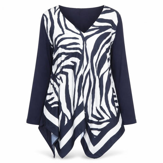 Front view of Roman women’s blue zebra print tunic blouse long sleeve s v-neck