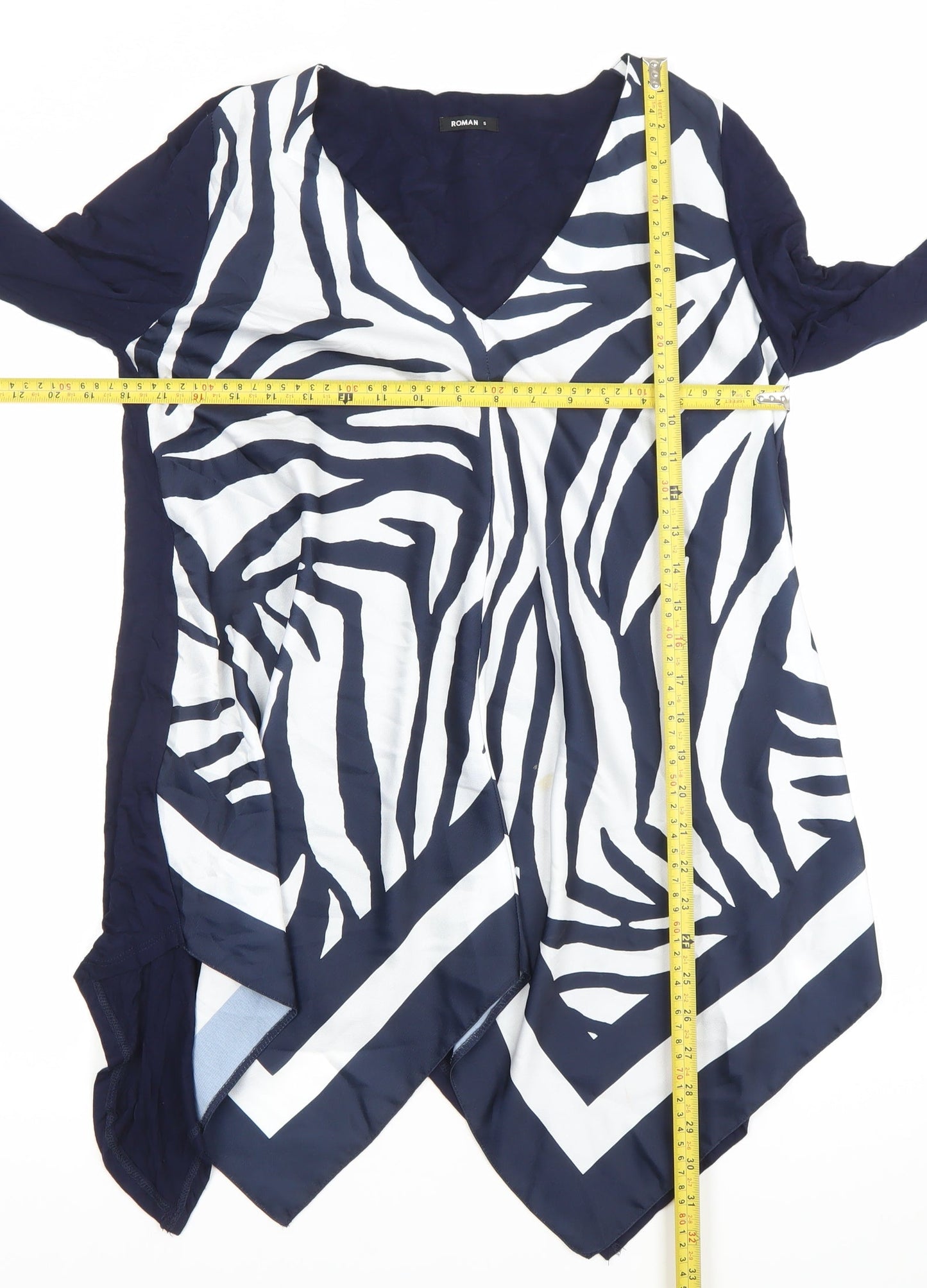 Roman Womens Blue Zebra Print Tunic Blouse Long Sleeve S V-Neck